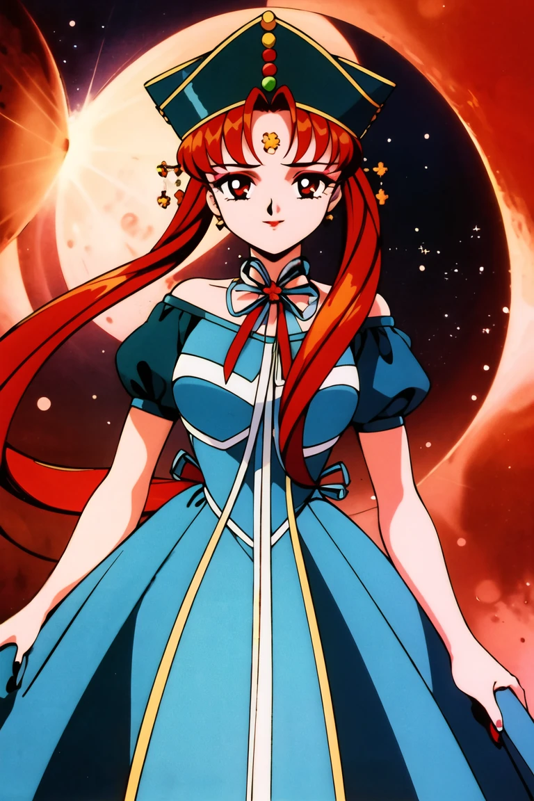 masterpiece,best quality,highres,<lora:Princess Kakyuu:0.6>,Princess Kakyuu,1990s \(style\),makeup,1girl,red hair,retro artstyle,solo,hair rings,red eyes,hat,dress,forehead mark,aqua ribbon,looking at viewer,lunar eclipse,cowboy shot,nervous,dynamic pose,