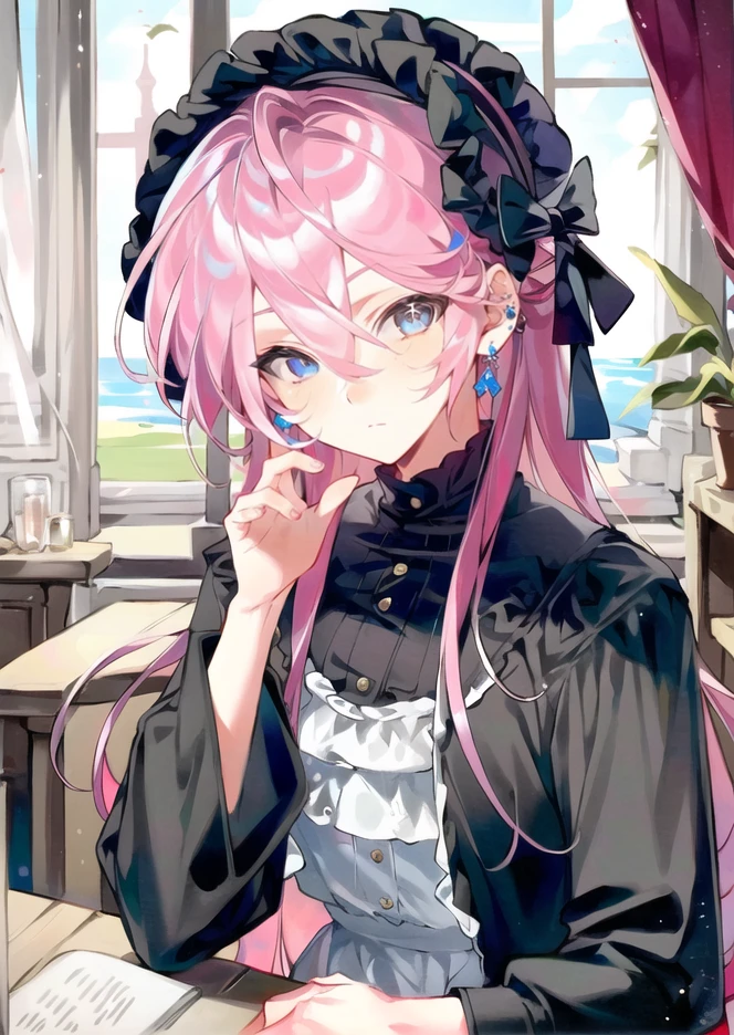 8kï¼ultra-detailed, illustration, (beautiful detailed eyes), beautiful, amazing, detailed eyes, (((masterpiece))),1girl, <lora:LY:1>pink hair, 1boy, solo, male focus, long hair, heterochromia, blue eyes, looking at viewer, androgynous, jewelry, long sleeves, bow, earrings, hair between eyes, bangs, closed mouth