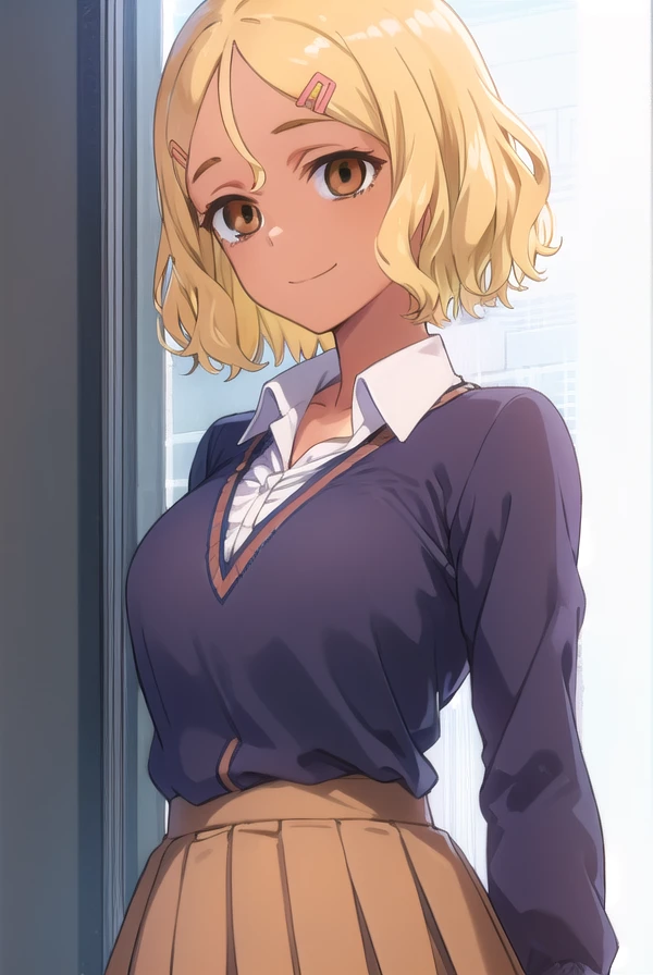 ijiranaidesakura, <lora:ijiranaide sakura s1s2-lora-nochekaiser:1>,
sakura, short hair, blonde hair, hair ornament, (brown eyes:1.5), hairclip, dark skin, dark-skinned female, smile,
BREAK skirt, school uniform, pleated skirt, shoes, socks, loafers, gyaru, loose socks, kogal,
BREAK indoors, classroom,
BREAK looking at viewer, (cowboy shot:1.5),
BREAK <lyco:GoodHands-beta2:1>, (masterpiece:1.2), best quality, high resolution, unity 8k wallpaper, (illustration:0.8), (beautiful detailed eyes:1.6), extremely detailed face, perfect lighting, extremely detailed CG, (perfect hands, perfect anatomy),