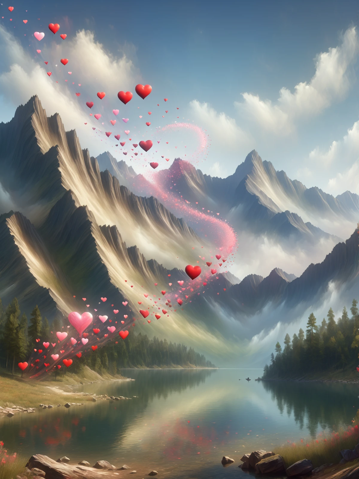 mountain range, forest, lake, mad-love wind blows hearts through the air <lora:Love_is_in_the_air_SDXL:1.2>, (masterpiece:1.2), best quality, (hyperdetailed, highest detailed:1.2), high resolution textures