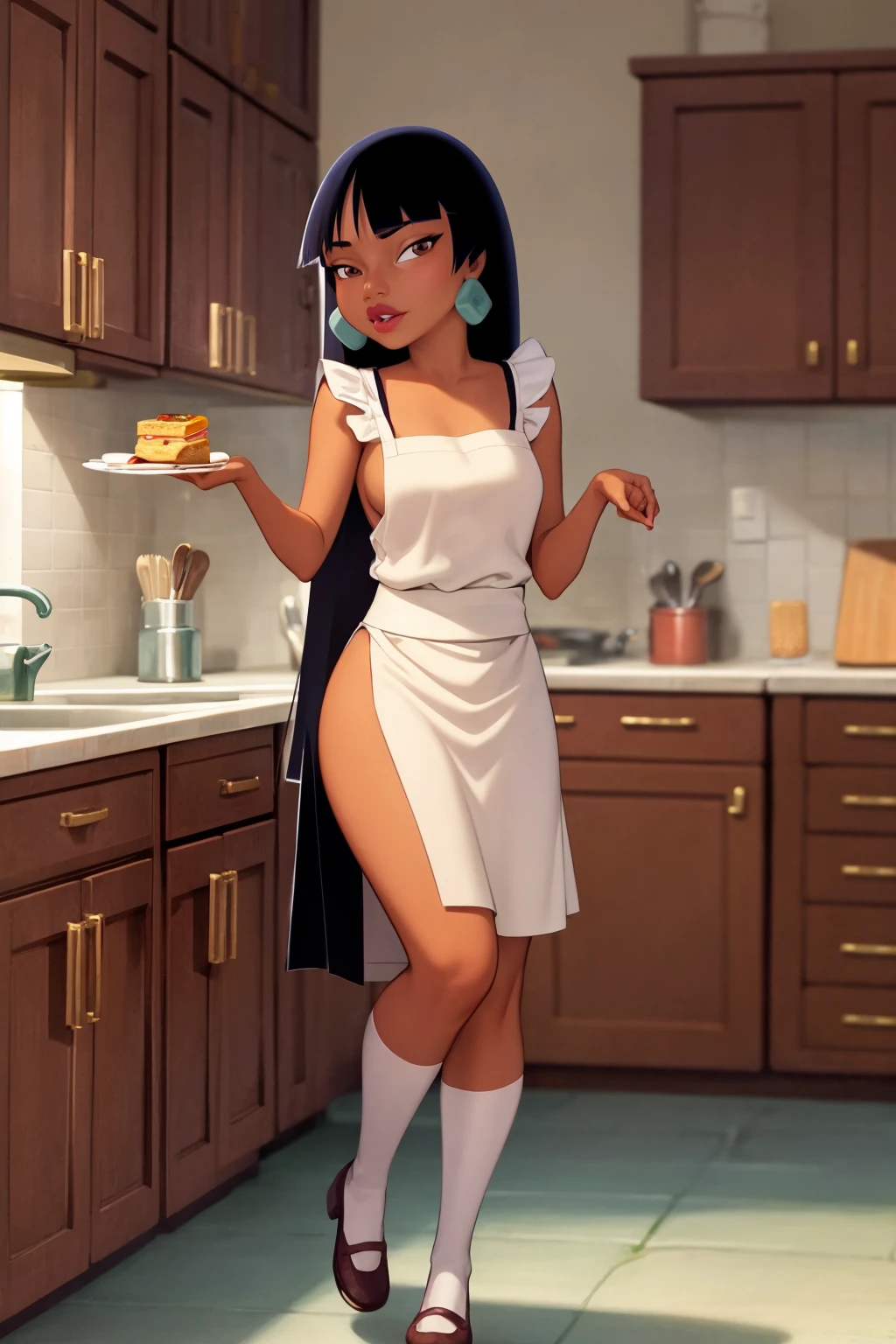 masterpiece, best quality,
1girl, chel, black hair, long hair, blunt bangs, brown eyes, dark skin, lipstick, maid outfit, apron, white stockings,
full body, looking at viewer, making food, kitchen background <lora:Chel:1>