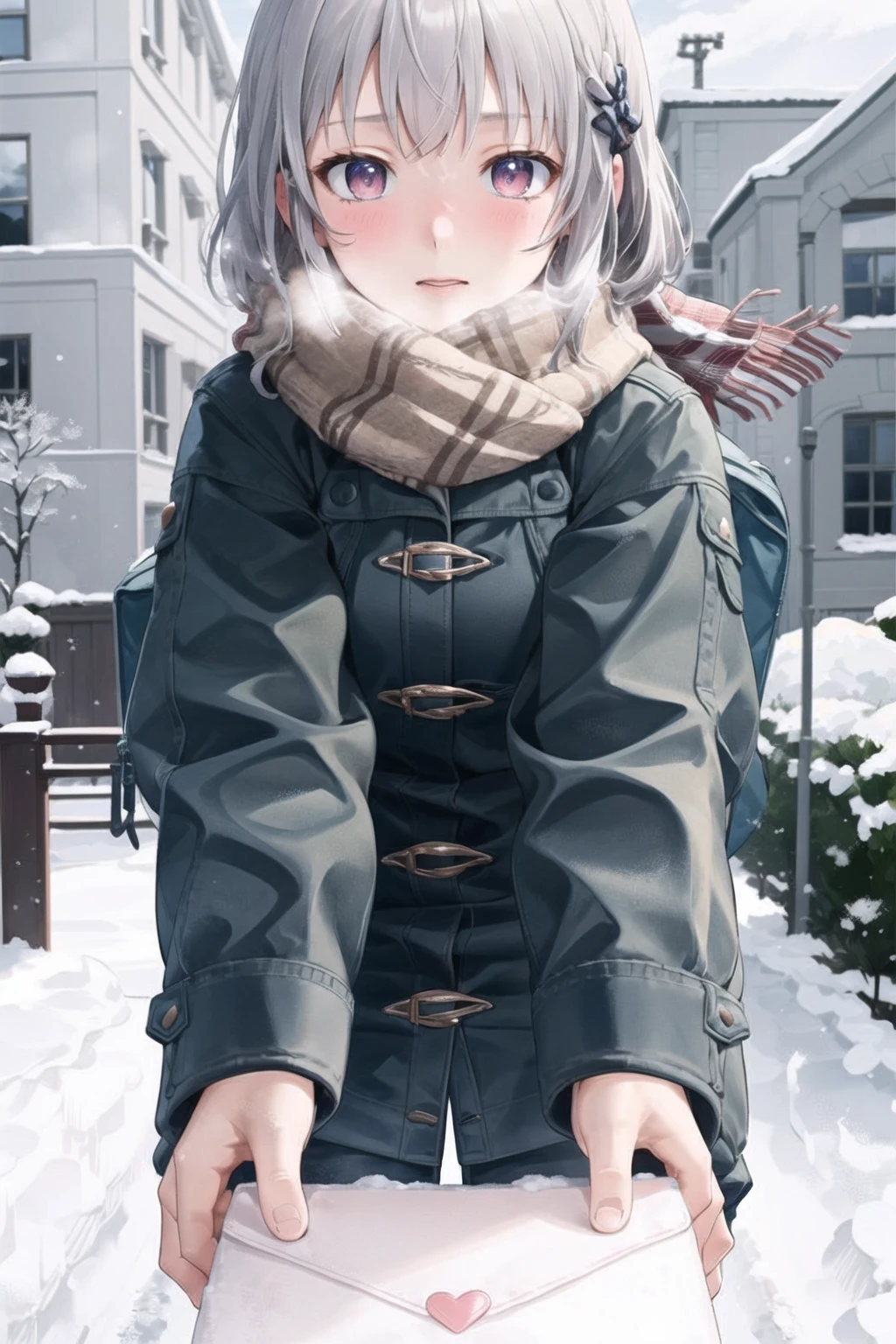 1girl, love letter, incoming gift, outdoors, jacket, scarf, winter, snow, cloudy, blush, <lora:love_letter_v1:0.8>