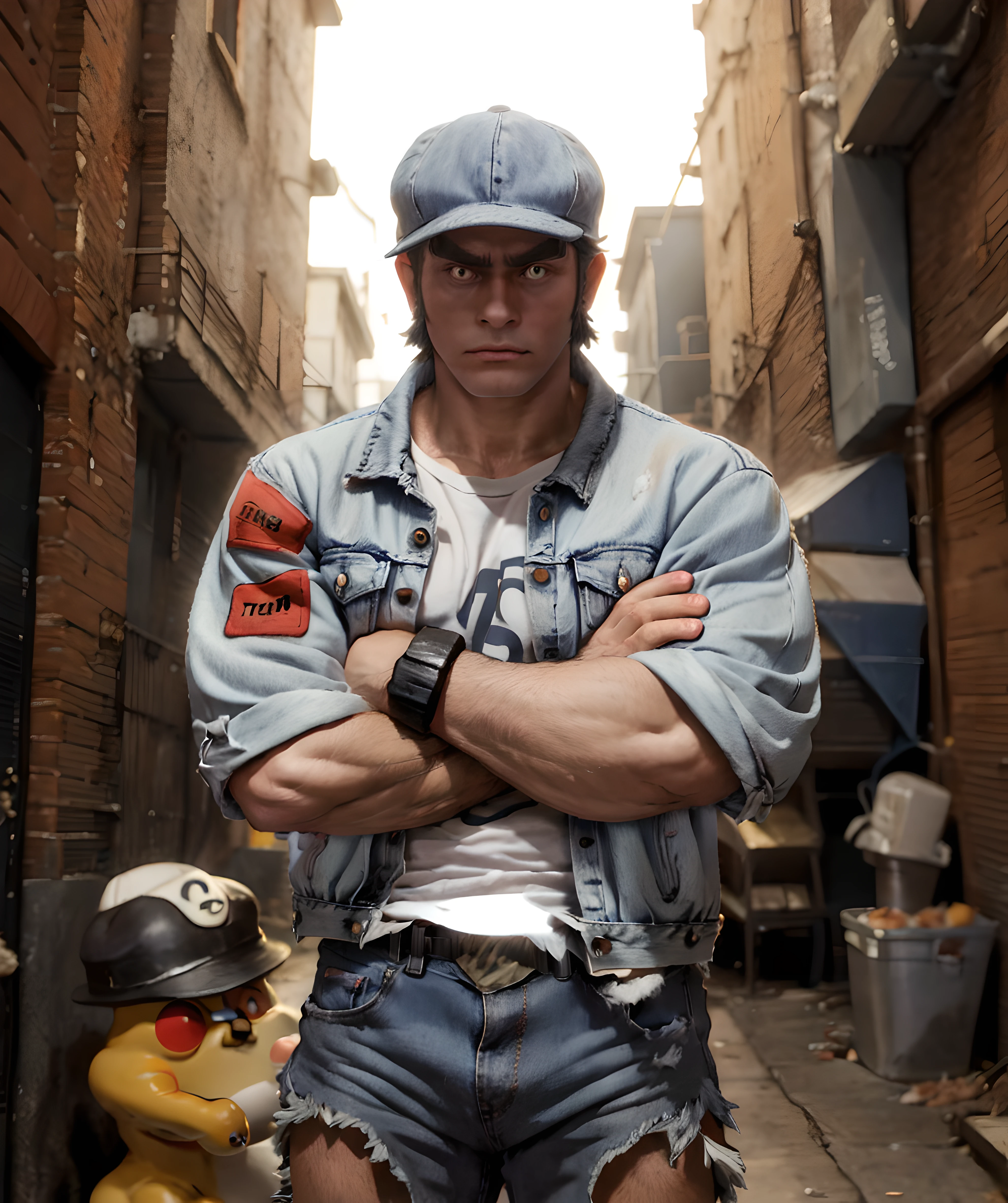 bruno_pokemon, standing, alley, muscular, looking to viewer, backward cap, white t-shirt, (denim jacket:1.2), jeans, daytime, arms crossed <lora:Bruno_Pokemon-15(1):0.85>