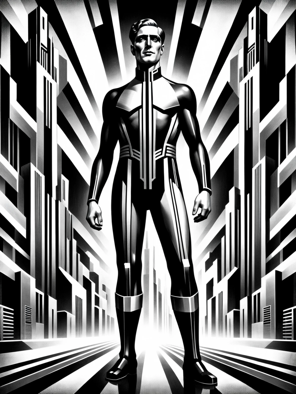 fullbody view man, futuristic clothing, stylized, art deco, expressionist, 1920s, black and white,  <lora:Metropolis_Movie_Poster_Style_SDXL:0.8> mad-ropolis-poster, (masterpiece:1.2), best quality, (hyperdetailed, highest detailed:1.2), high resolution textures