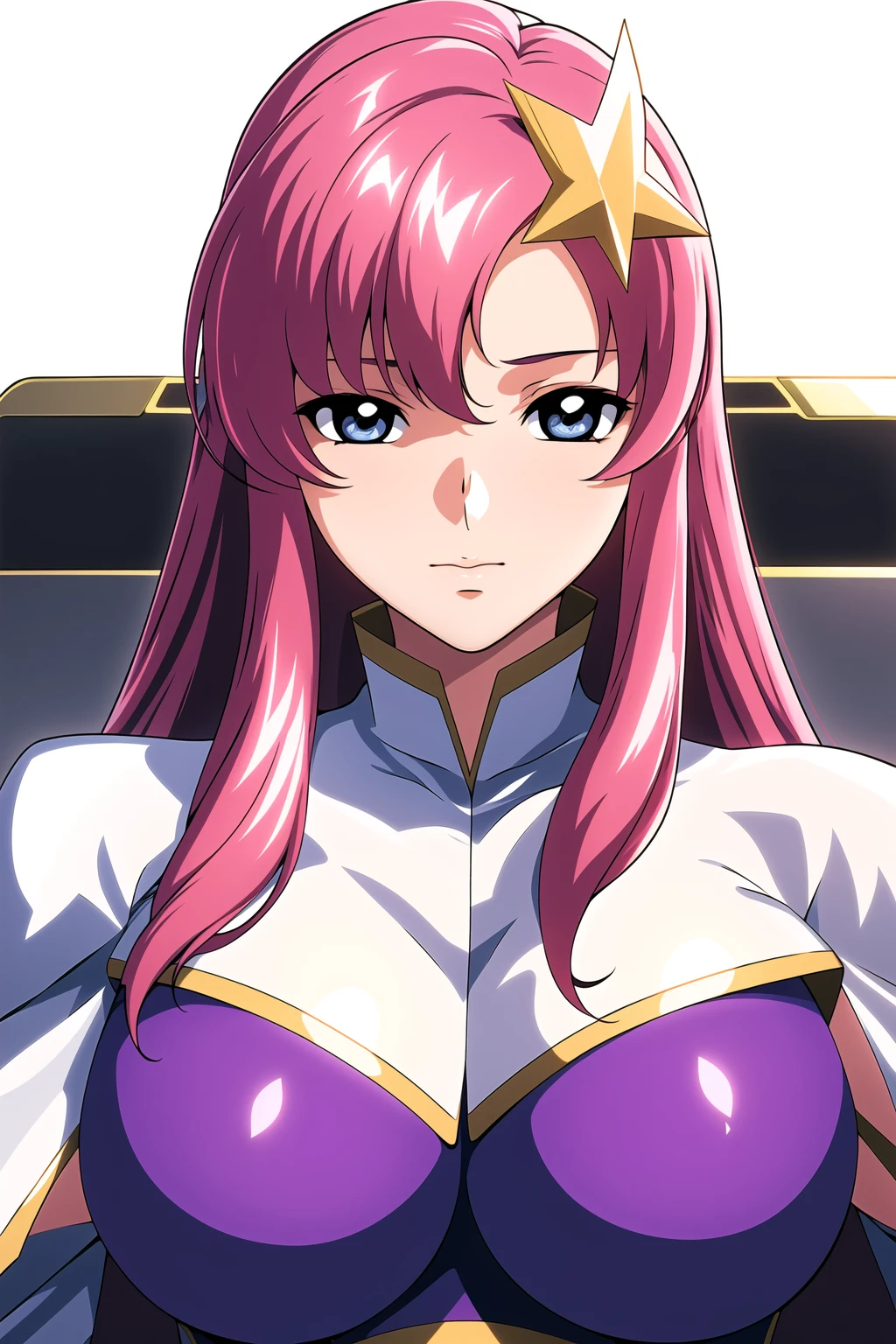 1girl,solo,purple hair,hairband,feathers,white background,brown eyes,retro artstyle,breasts,white cape,bodysuit,smile,simple background,medium breasts,shiny,covered navel,long hair,hand on own chest,shiny clothes,looking at viewer,parted lips,skin tight,puffy sleeves,<lora:Urushihara Satoshi_XL_V2:0.8>,