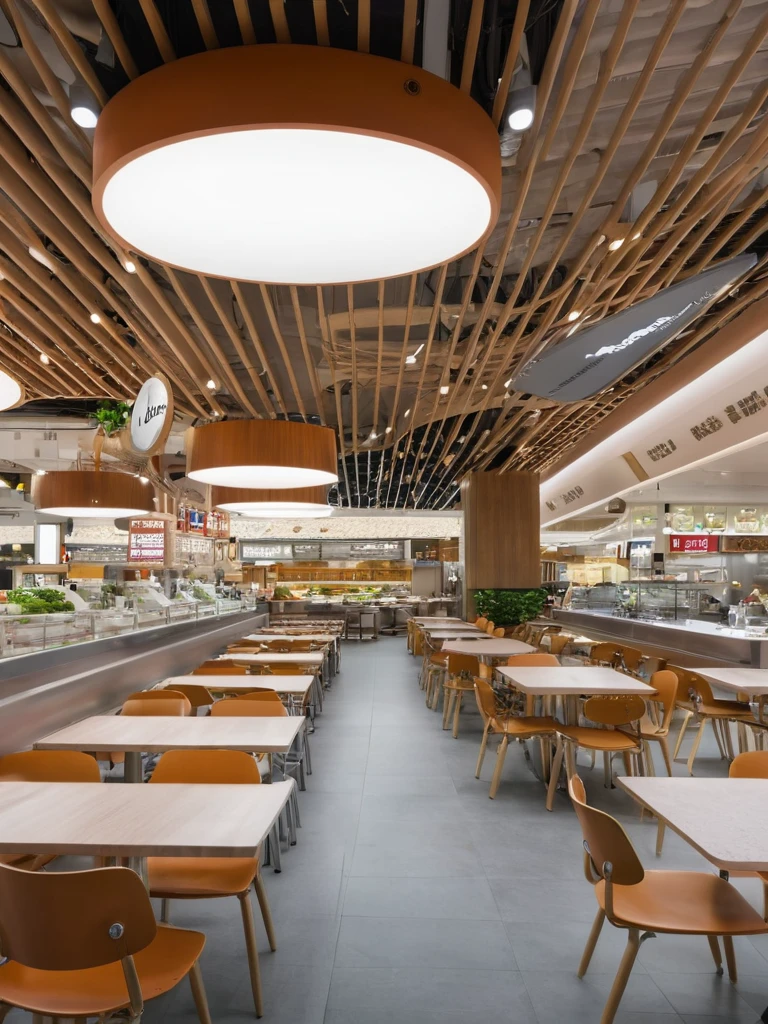 <lora:JJsFood_Court_XL:1>, ((Food Court)), masterpiece , best quality, subject, soft lighting, high quality, indoors, real world location, enough detail, high resolution, 8k, HD, super realistic, Photorealistic, highly detailed, table, chair, ceiling light,