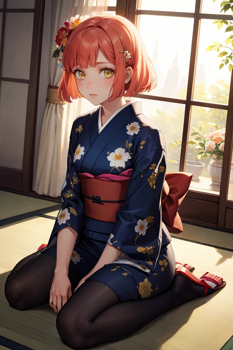masterpiece, best quality, absurdres, HarukaNanami, short hair, indoors, kimono, hair flower, floral print, wariza, sitting, hands on own knees, <lora:HarukaNanami:1>