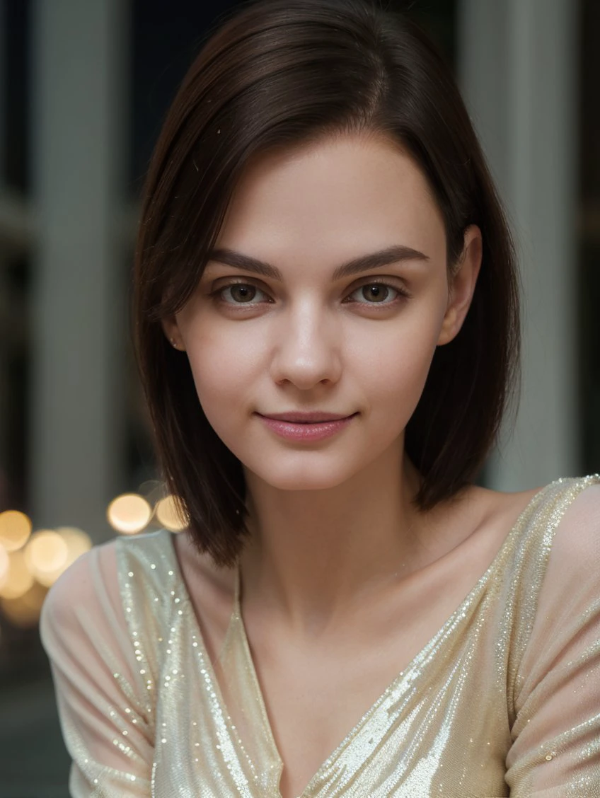 cinematic film still portrait Photo of Ariel_Lilit, 167 cm tall, slim body, sensual smile, wearing (long sleeve sequin minidress, stiletto heels), short hair, (looking at viewer:1.1), <lora:backlight_slider_v10:1.2>, <lora:epiCRealismHelper:1>, <lora:skin_tone_slider_v1:-1>, empty street at night background, 8K, 16k, uhd, dslr, best quality, high quality, realistic, photo-realistic, ultra-detailed, <lora:Ariel_Lilit:1> PA7_Portrait-CU . shallow depth of field, vignette, highly detailed, high budget, bokeh, cinemascope, moody, epic, gorgeous, film grain, grainy