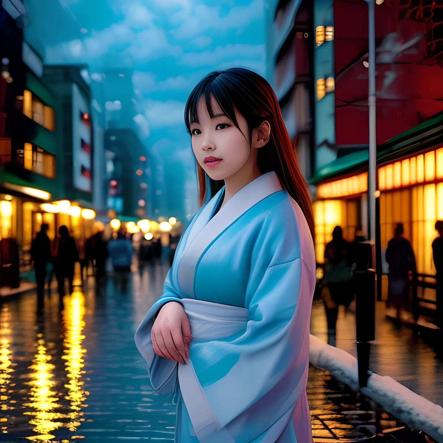 (japanese young woman upperbody portrait :1.4),white skin, <lora:kinkade:0.70> oil painting kinkade style, city street,rain ambient, cloudy storm sky,peoples, water reflection in asphalt,cozy feel, nostalgia, high res, winter, snow ambient, christmas time, littles lights4k,8k,sharpen edges, high definition, stormy night, rim lighting, many details  <lora:lcm-lora-sdv1-5:1>,blue tone,cool ambient,volumetric ambient, volumtric lights, foggy ambient,dark sky,perfect face