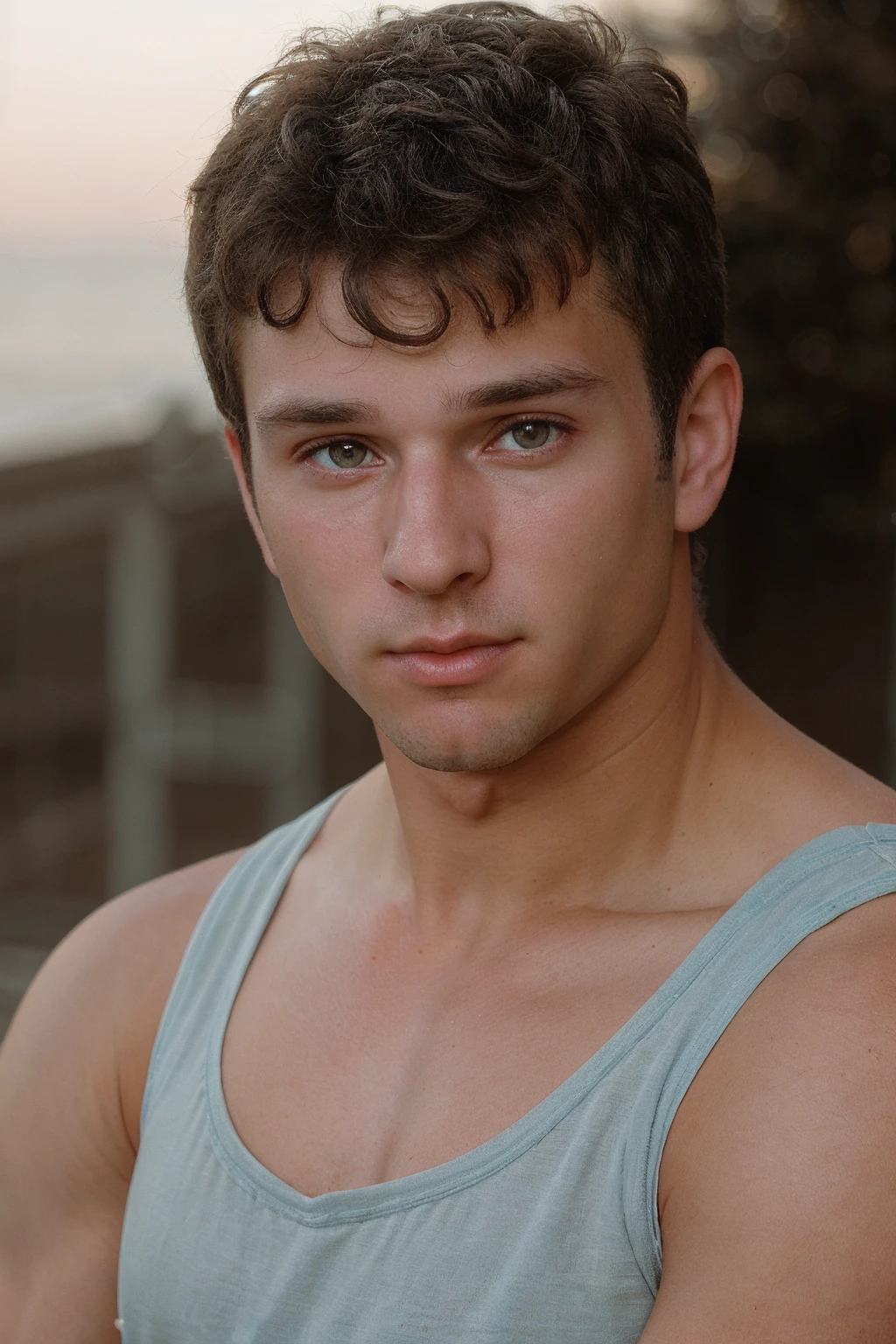 male focus, close-up headshot photo of jjperson <lora:josh_joyce-11:0.8>, soft lighting, natural diffused lighting, wearing a light blue tank top, light bokeh, blurred natural elements, relaxed confident expression, looking at viewer