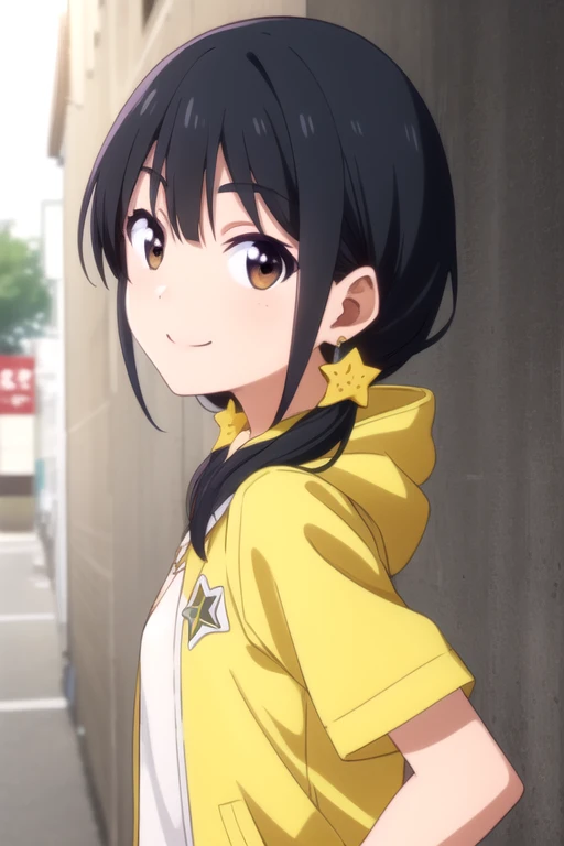 ((masterpiece)),(best quality),official art,extremely detailed CG,unity 8k wallpaper,ultra detailed,beautiful detailed eyes,extremely detailed face,1girl,solo,upper body,(portrait:1.5),looking at viewer,facing viewer,(petite:1.2),smile,long_hair,black_hair,low_twintails,star_hair_ornament,sidelocks,bangs,brown_eyes,yellow_hoodie,hood_down,vest,small breasts,short_sleeves,brown_shorts,white_thighhighs,sneakers,<lora:Akutsu Ruri(ag)>,