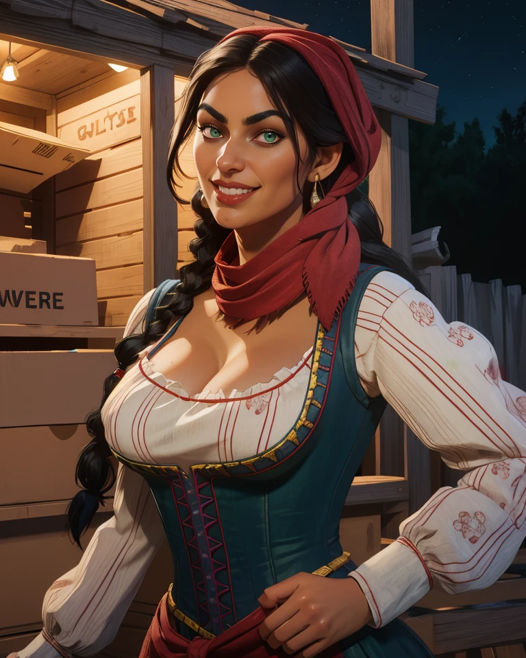 Nazar,black hair,long hair,twin braids,green eyes,
jewelry,long hair,earrings,red bandana,dress,corset,large breasts,
smile,cleavage,looking at viewer,covered nipples,
old west,merchandise,outdoors,night,boxes,
(insanely detailed,masterpiece, best quality),solo,<lora:MadamNazar:0.8>,