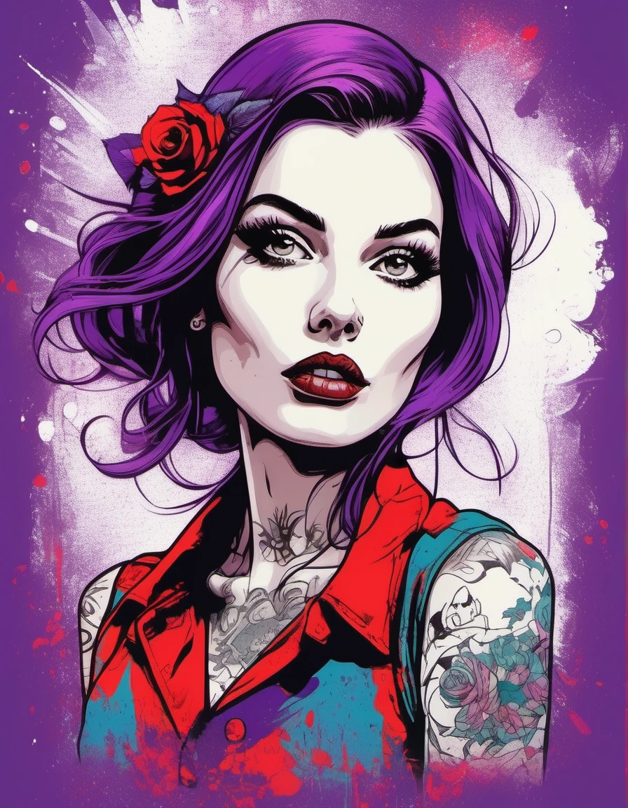 <lora:Rolyat-000006:1>, rlystylr woman ,an illustration of a girl with tattoos on a grunge background, in the style of bo chen, bold graphic comic book art, purple and red, raymond leech, 32k uhd, ai weiwei, bold posters