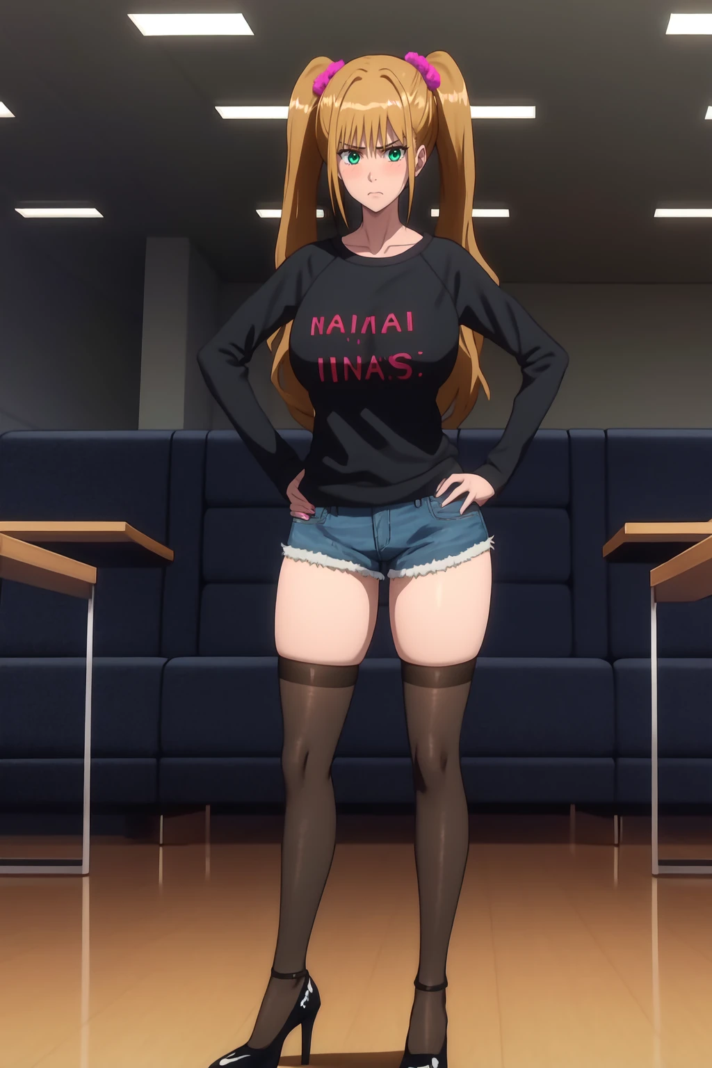 highres, high quality, masterpiece, intricate details, cinematic lighting,
NikaidoNao, 1girl, standing, holding phone, ful body,
looking at viewer, hands on hips, annoyed, blush,
green eyes, blonde hair, long hair, twintails, hair scrunchie,
breasts, thighs, curvy,
raglan sleeves, black purple two-tone shirt, clothes writing, denim shorts, black thighhighs, black platform heels,
indoors, room,
<lora:NikaidoNao:1>