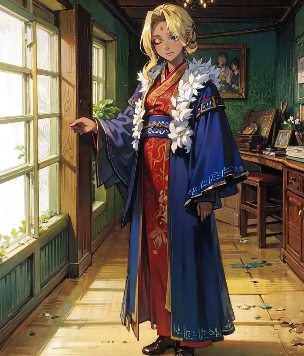 (masterpiece, best quality, ultra detailed, beautiful illustration), atmospheric perspective, depth of field, beautiful detailed eyes, anime eyes:1.4, looking at the viewer, (portrait, close-up:1.2), dynamic pose, dynamic angle, (indoors, library, sitting on a chair, piles of books on a table, ai), 1girl, :d, (large breasts), MysticFFT, long hair, blonde hair, brown eyes, hat, yellow korean clothes, long sleeves, wide sleeves, red sash, shoes, <lora:FinalFantasy_FemaleMystic:1>