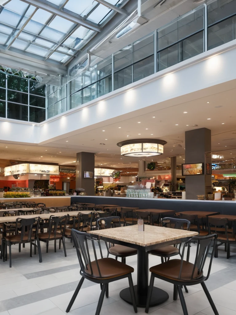 <lora:JJsFood_Court_XL:1>, ((Food Court)), masterpiece , best quality, subject, soft lighting, high quality, indoors, real world location, enough detail, high resolution, 8k, HD, super realistic, Photorealistic, highly detailed, table, chair, ceiling light,