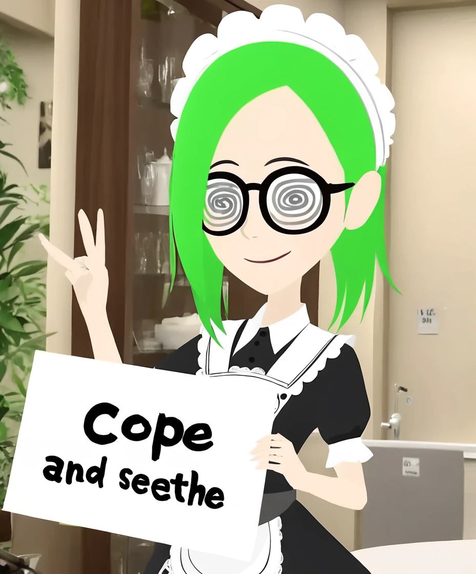 real life photograph of midoriko wearing a maid outfit, wearing spiral glasses, green hair, beautiful, holding a sign that says "cope and seethe." <lora:MidorikoXL-000025:0.75>