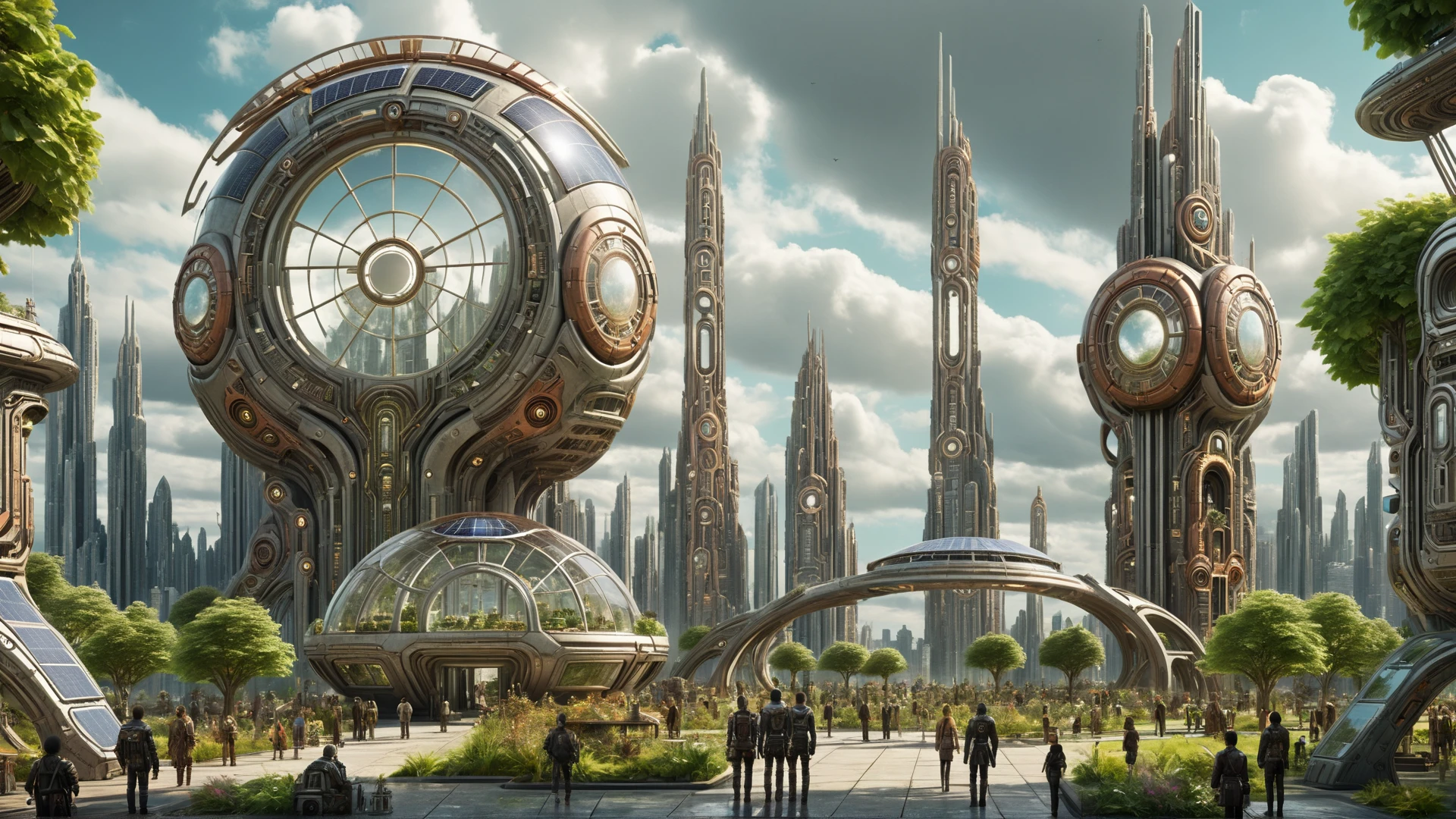 A (solarpunk scifi:1.5) city park with a window and people. afternoon, cloudy.
(intricate sharp details:1.5), ultra high res
