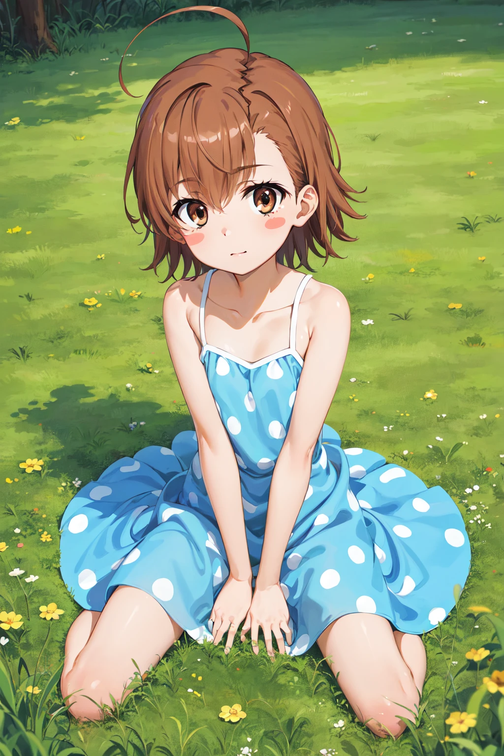 masterpiece, best quality, highres, aalo, short hair, ahoge, blush stickers, collarbone, polka dot dress, blue dress, sleeveless, <lora:last_order_v1:0.7>, wariza, grass, filed