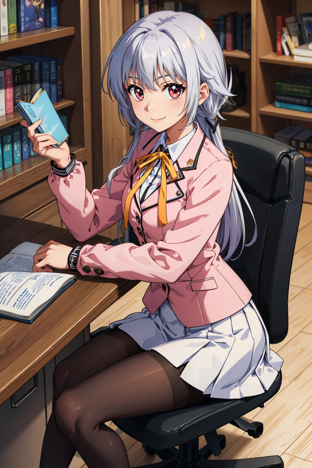 masterpiece, best quality, <lora:kamishiroalice-nvwls-v1-000009:0.8> kamishiro alice, hair ornament, yellow ribbon, pink jacket, white sleeves, white skirt, black pantyhose, sitting, desk, chair, library, looking at viewer, smile