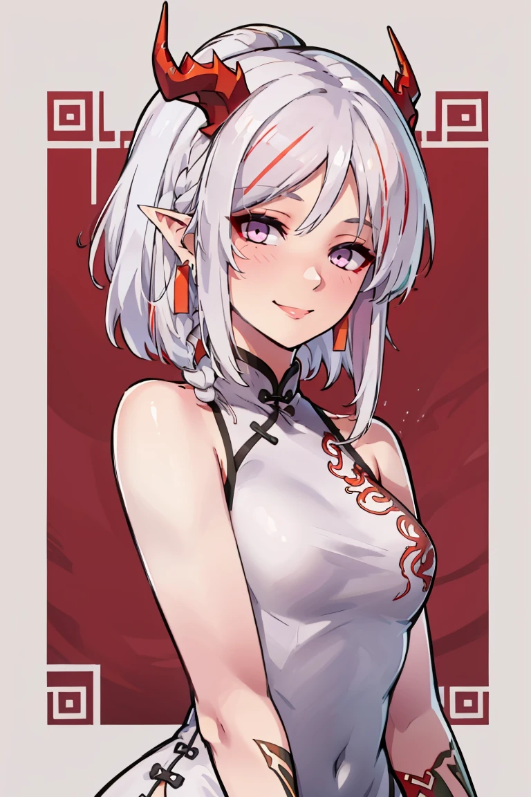 ((masterpiece,best quality)), absurdres,
<lora:Nian_Arknights:0.8>,
nian (arknights), smile,
china dress, chinese clothes, sleeveless dress, white dress,
border, braid, colored skin, ear piercing, earrings, highres, dragon horns, jewelry, multicolored hair, outside border, piercing, pink eyes, red hair, red skin, streaked hair, tassel, tassel earrings, upper body, was775, white border, yellow background,