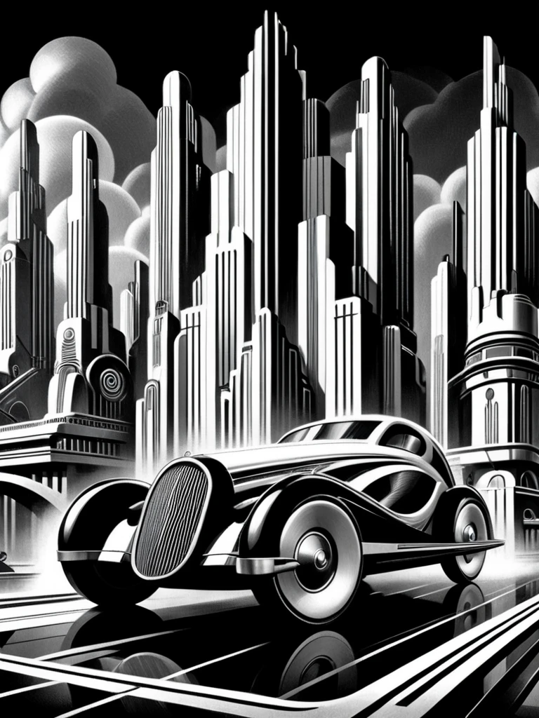 car, city, futuristic clothing, stylized, art deco, expressionist, 1920s, black and white,  <lora:Metropolis_Movie_Poster_Style_SDXL:0.8> mad-ropolis-poster, (masterpiece:1.2), best quality, (hyperdetailed, highest detailed:1.2), high resolution textures