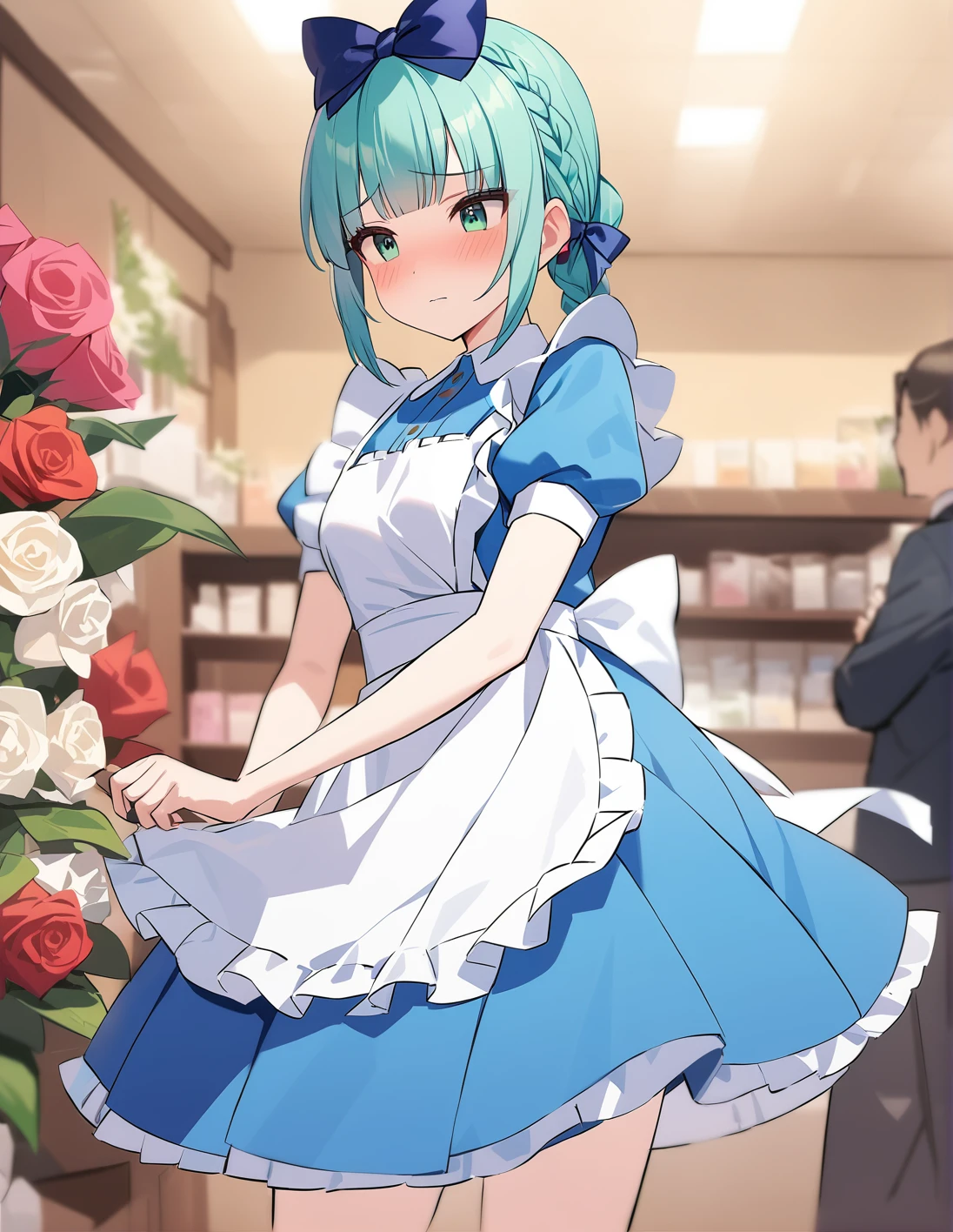 best quality, ultra-detailed, 1girl, solo, cornrows hair, aqua hair, <lora:sdxl-alice_in_wonderland_outfit-v1:1>, aliceinwonderlandoutfit, blue dress, frilled apron,hair bow , standing ,,, ,very shy face, <lora:ALTXL_001_4:2>, in a florist