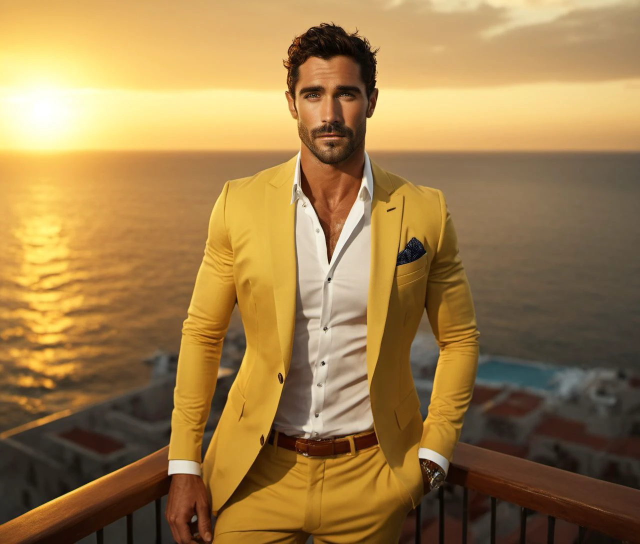 Nautical-themed (Photo:1.3) of (Ultrarealistic:1.3) <lora:Man_Men_FFashion:1> Tyler Hoechlin a man <lora:Diego-Rodriguez-Doig_Tyler-Hoechlin:0.7> in a yellow suit standing on a balcony, handsome man, attractive man, handsome male, sun behind him, inspired by Pablo Munoz Gomez, shot at golden hour, editorial photograph, midshot of a hunky, by Roman Bezpalkiv, by Artur Tarnowski, maxim sukharev, by Gabor Szikszai,Highly Detailed,(Mono Color:1.3) . Sea, ocean, ships, maritime, beach, marine life, highly detailed