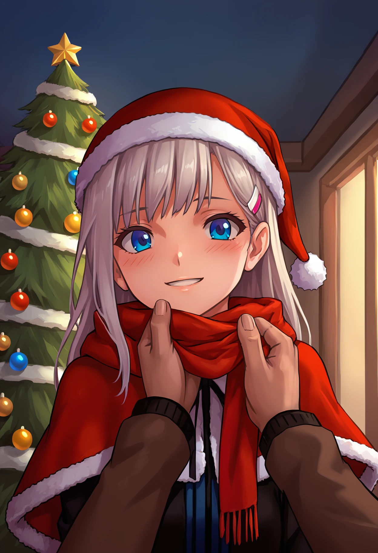 score_9, best quality, masterpiece, uncensored, source_anime
BREAK
score_9, source_anime, alice (as109), 1girl, adjusting scarf, blue eyes, blush, capelet, christmas, fur trim, hat, looking at viewer, parted lips, pine tree, pov, santa hat, smiling, happy, scarf, solo focus, tree
<lora:as109_pony_v3:1>