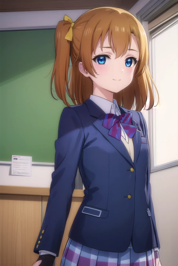 honokakousaka, <lora:honoka kousaka s1-lora-nochekaiser:1>,
honoka kousaka, blue eyes, brown hair, hair bow, orange hair, (one side up:1.2), short hair, yellow bow, smile,
BREAK skirt, school uniform, jacket, blazer, winter uniform, otonokizaka school uniform,
BREAK indoors, classroom,
BREAK looking at viewer, (cowboy shot:1.5),
BREAK <lyco:GoodHands-beta2:1>, (masterpiece:1.2), best quality, high resolution, unity 8k wallpaper, (illustration:0.8), (beautiful detailed eyes:1.6), extremely detailed face, perfect lighting, extremely detailed CG, (perfect hands, perfect anatomy),