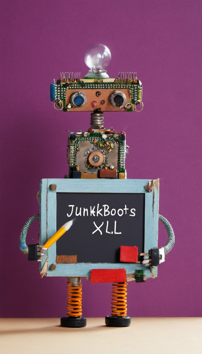 <lora:JunkBots_XL:1> A character (writes the words "JUNKBOTS XL" on a chalkboard:1.2)