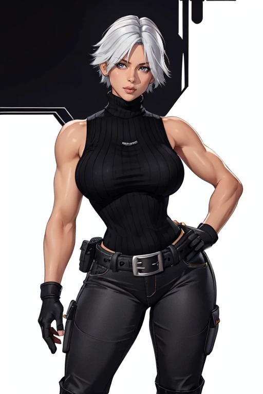 Top Quality, Masterpiece, High Resolution, 8k, Best Quality, HD, modern day, 1 human female, raven hair on the outside white hair on the inside, medium length hair with undercut, blue eyes, fair skin, high waisted latex pants, tank top, tattoo on shoulder, ear piercings, beautiful, femme, slightly butch, slim thick, attractive