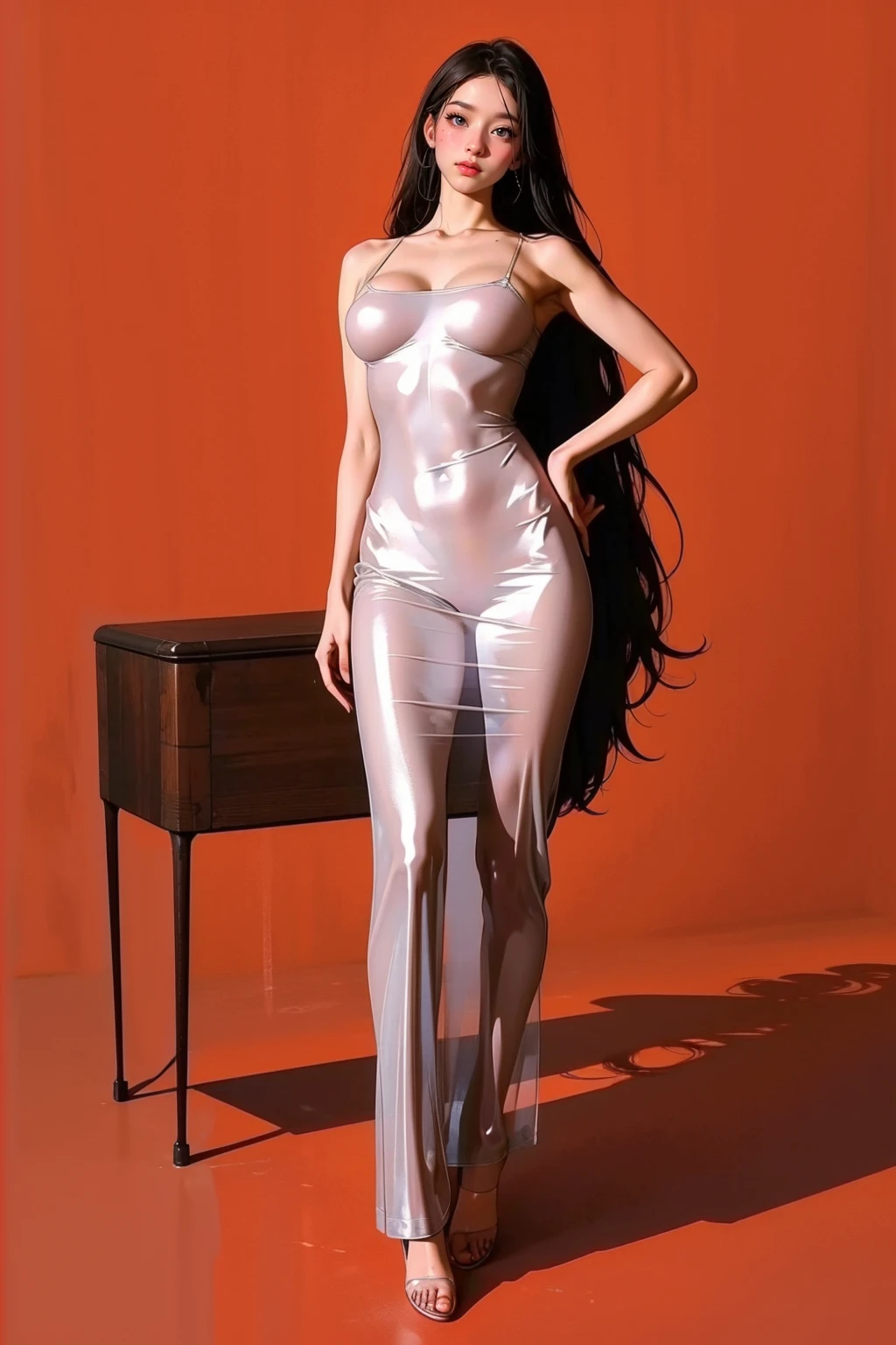 1girl,solo,medium breasts,<lora:GoodHands-beta2:1>,(full body:1.3),cowboy shot,lying,<lora:0214 see through dress_v1:0.9>, ruanyi0214,see-through,dress,, (masterpiece, best quality, hires, high resolution:1.2), (extremely detailed, realistic, intricate details, highres), 3d, cg, bbw, shiny skin, , blush,, eyeliner, eyeshadow, eyelashes,, (gigantic breasts, saggy breasts:1.1), (cinematic lighting, sunlight, volumetric), looking at viewer, simple red background, vintage fantasy, 1960s \(style\), film grain,
