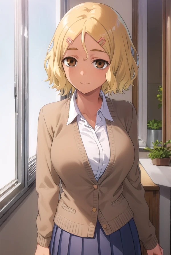 ijiranaidesakura, <lora:ijiranaide sakura s1s2-lora-nochekaiser:1>,
sakura, short hair, blonde hair, hair ornament, (brown eyes:1.5), hairclip, dark skin, dark-skinned female, smile,
BREAK skirt, school uniform, pleated skirt, shoes, socks, loafers, gyaru, loose socks, kogal,
BREAK indoors, classroom,
BREAK looking at viewer, (cowboy shot:1.5),
BREAK <lyco:GoodHands-beta2:1>, (masterpiece:1.2), best quality, high resolution, unity 8k wallpaper, (illustration:0.8), (beautiful detailed eyes:1.6), extremely detailed face, perfect lighting, extremely detailed CG, (perfect hands, perfect anatomy),