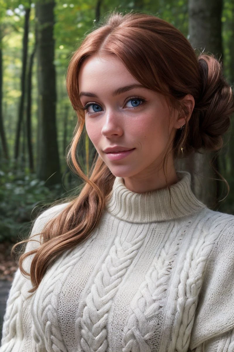 closeup headshot of S316_ZoeyLuna,a beautiful woman,in a (forest),wearing a (sweater:1.1),(updo),(4k, RAW photo, best quality, depth of field, ultra high res:1.1),(absurdres, intricate, photorealistic, masterpiece, ultra-detailed:1.1),