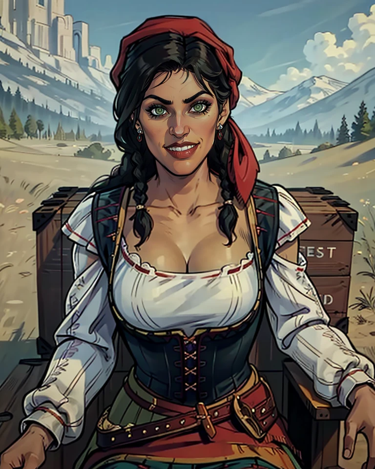 Nazar,black hair,long hair,twin braids,green eyes,
jewelry,long hair,earrings,red bandana,dress,corset,large breasts,
smile,cleavage,sitting,looking at viewer,
old west,merchandise,outdoors,crates,chair,
(insanely detailed,masterpiece, best quality),solo,<lora:MadamNazar:0.8>,