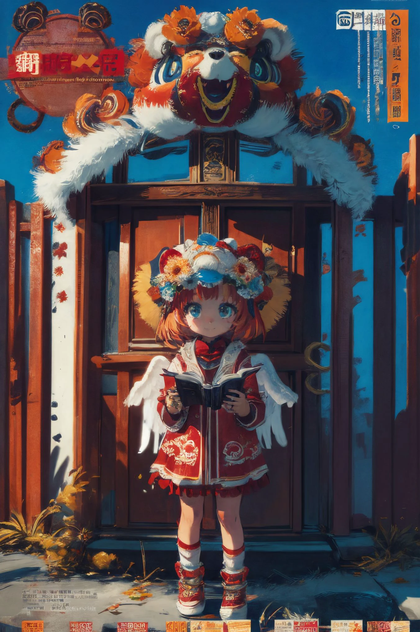 Dynamic Angle,Perspective,High Point,pov,
xuer lion head,child,(full body:1.5),
<lora:~Q?-r[P^=Q?zrH xuer lion head:0.8>,kind_smile,
offcial art,colorful,Colorful background,splash of color,movie perspective,(advertising style, magazine cover:1.4),
Best quality,masterpiece,ultra high res,Modern,Chinese,Song rhyme,Oriental,pretty,Blue eyes,
(wide shot, wide-angle lens,Panoramic:1.2),super vista,super wide Angle,Low Angle shooting,super wide lens,(ring:1.3),looking down,hair flower,
angel,
<lora:Y)OXQeNV2 angel:0.6>,