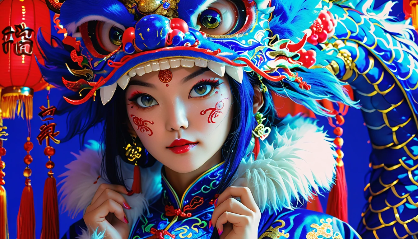 photograph, Phase One XF IQ4 150MP, Contemporary Female Lycanthrope, wearing Traditional Chinese Garb and a Dragon Mask with Fur and Corduroy images, deep indigo hair, Energetic, Neon Light, Selective focus