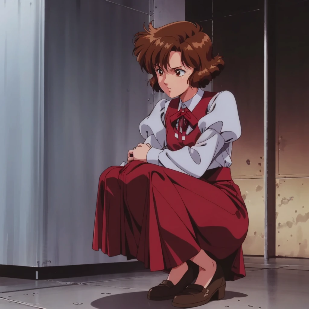 <lora:ReikaChang002:0.7>,
ReikaChang,1girl,brown hair,short hair,brown eyes,solo,
white shirt,puffy sleeves,long_sleeves,red ribbon,
long skirt,squatting,