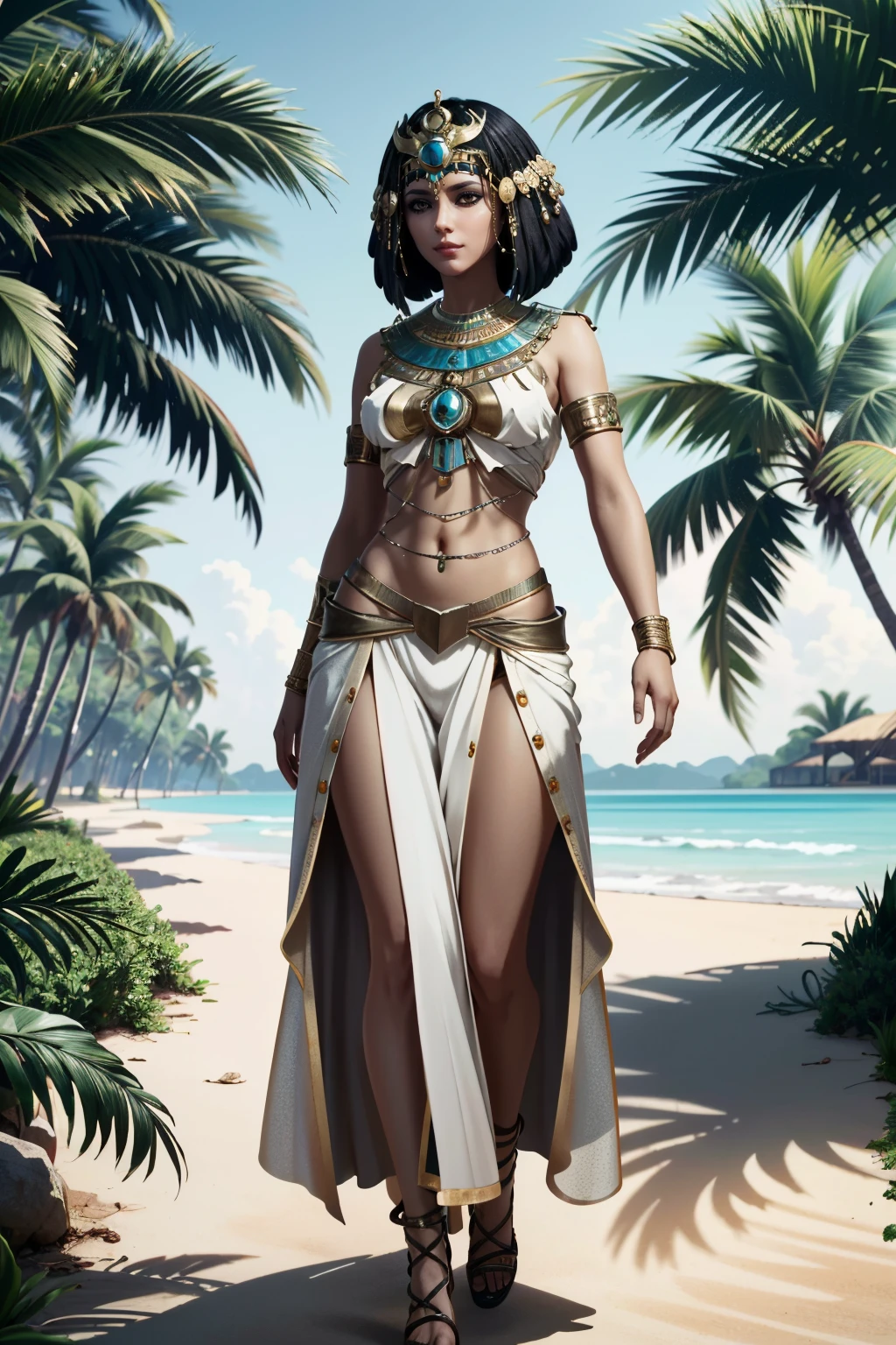 ((ultra detailed, masterpiece, absurdres))
 <lora:ACOCleopatra:0.9>
ACOCleopatra, 1girl, black hair, brown eyes, jewelry, dark skin, egyptian, egyptian clothes, full body, Tropical Paradise with Palm Trees