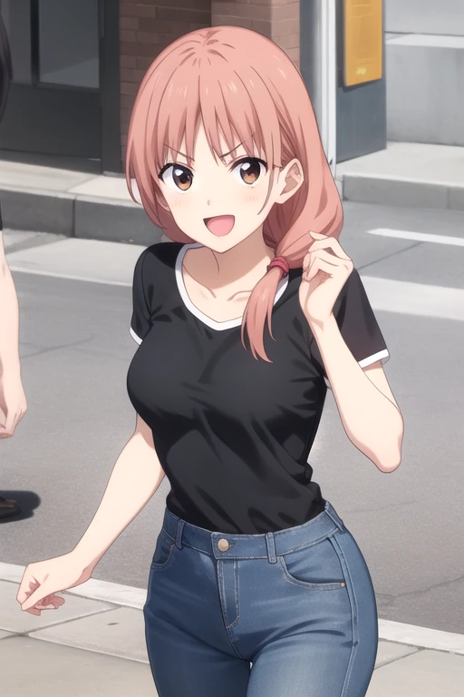 ((masterpiece)),(best quality),official art,extremely detailed CG,unity 8k wallpaper,ultra detailed,beautiful detailed eyes,extremely detailed face,street,1girl,solo,cowboy shot,looking at viewer,facing viewer,v-shaped_eyebrows,:d,open_mouth,long_hair,brown_hair,hair_over_shoulder,bangs,brown_eyes,collarbone,t-shirt,black_shirt,short_sleeves,medium breasts,jeans,leather_footwear,<lora:Hanabatake Yoshie(ag)>,