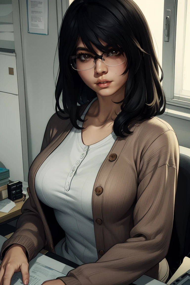 Saori,black hair,messy hair,brown eyes,
sweater jacket, white shirt,glasses,
looking at viewer,
sitting,upper body,
indoors,office,desk,
(insanely detailed,masterpiece, best quality),solo,<lora:SaoriShirosaki:0.8>,