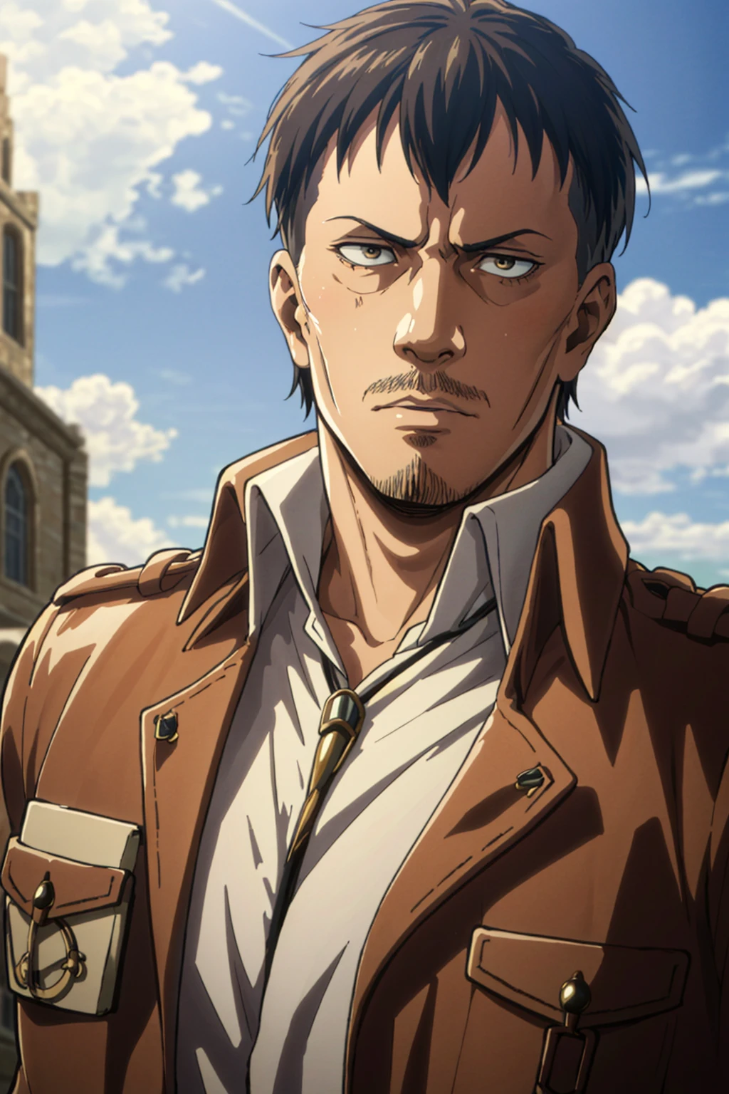 (1 image only),  solo male,  1boy,  Nile Dok,  Attack on Titan,  lean,  facial hair,  light mustache,  light goatee,  dark brown eyes,  black hair,  short hair,  paradis military uniform,  handsome,  mature,  charming,  alluring,  upper body in frame,  perfect anatomy,  perfect proportions,  8k,  HQ,  (best quality:1.2,  hyperrealistic:1.2,  photorealistic:1.2,  masterpiece:1.3,  madly detailed photo:1.2),  (hyper-realistic lifelike texture:1.2,  realistic eyes:1.2),  high_resolution,  perfect eye pupil,  dutch angle,<lora:EMS-498-EMS:0.200000>,<lora:EMS-288708-EMS:0.700000>