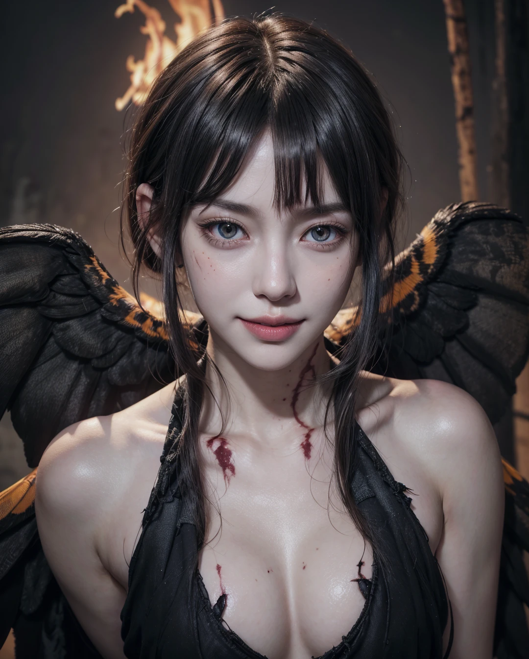 absurdres, 1girl, medium breast, star eye, blush, (realistic:1.5), (blue eyes:0.7), (short hair:1), (masterpiece, Extremely detailed CG unity 8k wallpaper, best quality, highres:1.2), (ultra_detailed, UHD:1.2), (pixiv:1.3), perfect illumination, distinct, (1girl:1.4), (bishoujo:1.2), looking at viewer, unreal engine, sidelighting, perfect face, detailed face, bangs, perfect body, beautiful eyes, pretty face, (bright skin:1.4), idol, (abs), ulzzang-6500-v1.1, (navel), ruins, dark place, night, dark aura, fire, burning, <lora:makimaChainsawMan_v10:0.4>, (blood on face:1.5), (evil smile:1.3), (black wings:1.5)