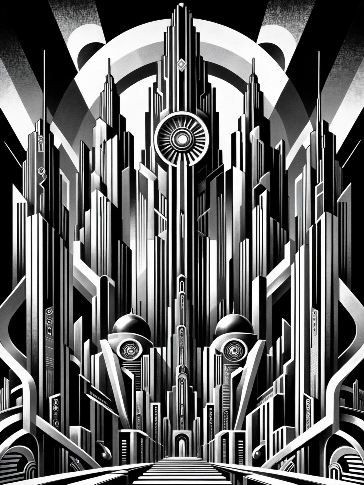 city , futuristic clothing, stylized, art deco, expressionist, 1920s, black and white,  <lora:Metropolis_Movie_Poster_Style_SDXL:0.8> mad-ropolis-poster, (masterpiece:1.2), best quality, (hyperdetailed, highest detailed:1.2), high resolution textures