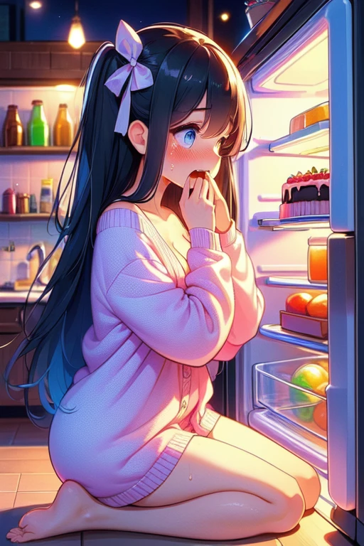 (((masterpiece))), (((best quality))), (((refrigerator))), ((hands on mouth)), from side, sparkle, colorfully neon lights, cake, drink, chiffon cardigan, ((dusk)), ((dark)), solo, 1girl, ((seiza)), bare feet, cleavage, (big tits), hips, collarbone, ribbon, longhair, open mouth, sweat, shy, blush, slim figure, <lora:girllikerefrigerator:1>