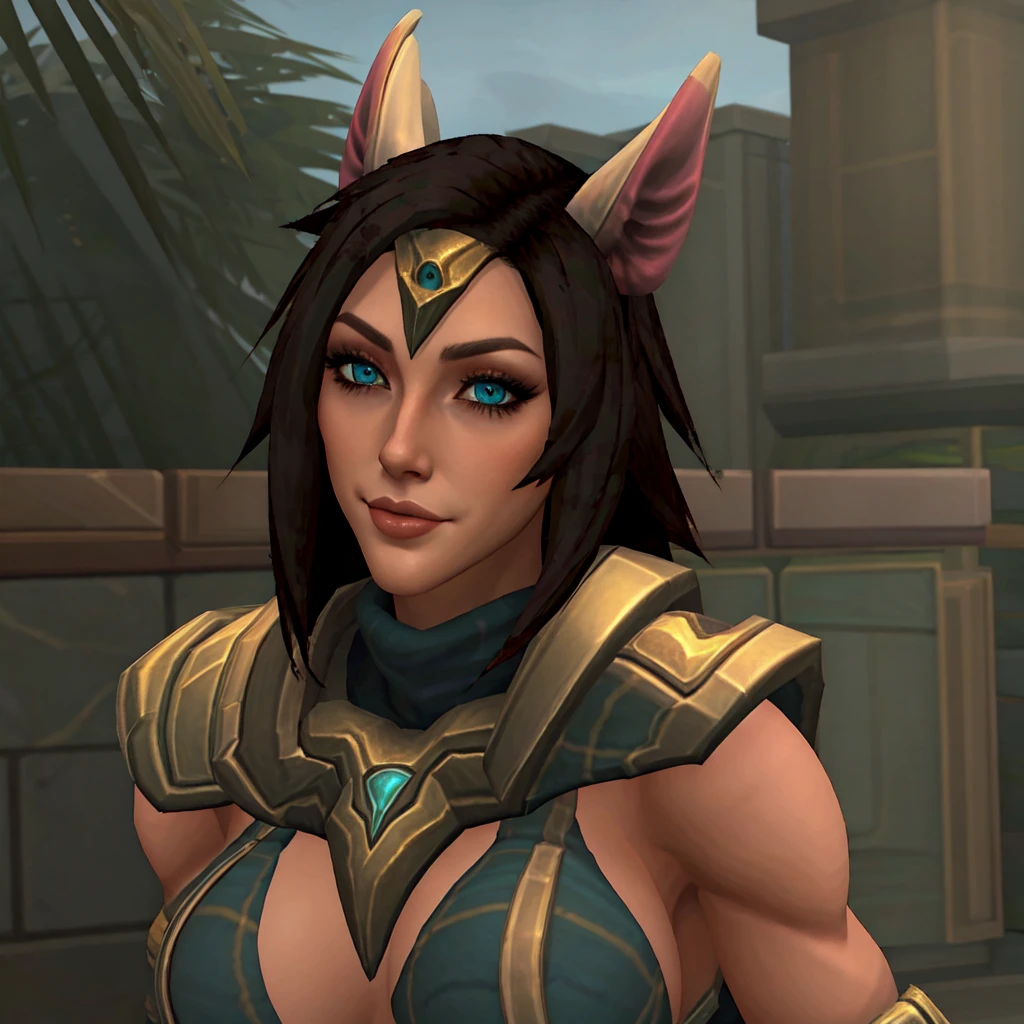 femnasus, 1girl, aqua eyes, large chest, egyprian clothes, portrait, dark hair, <lora:femnasus2E:1>