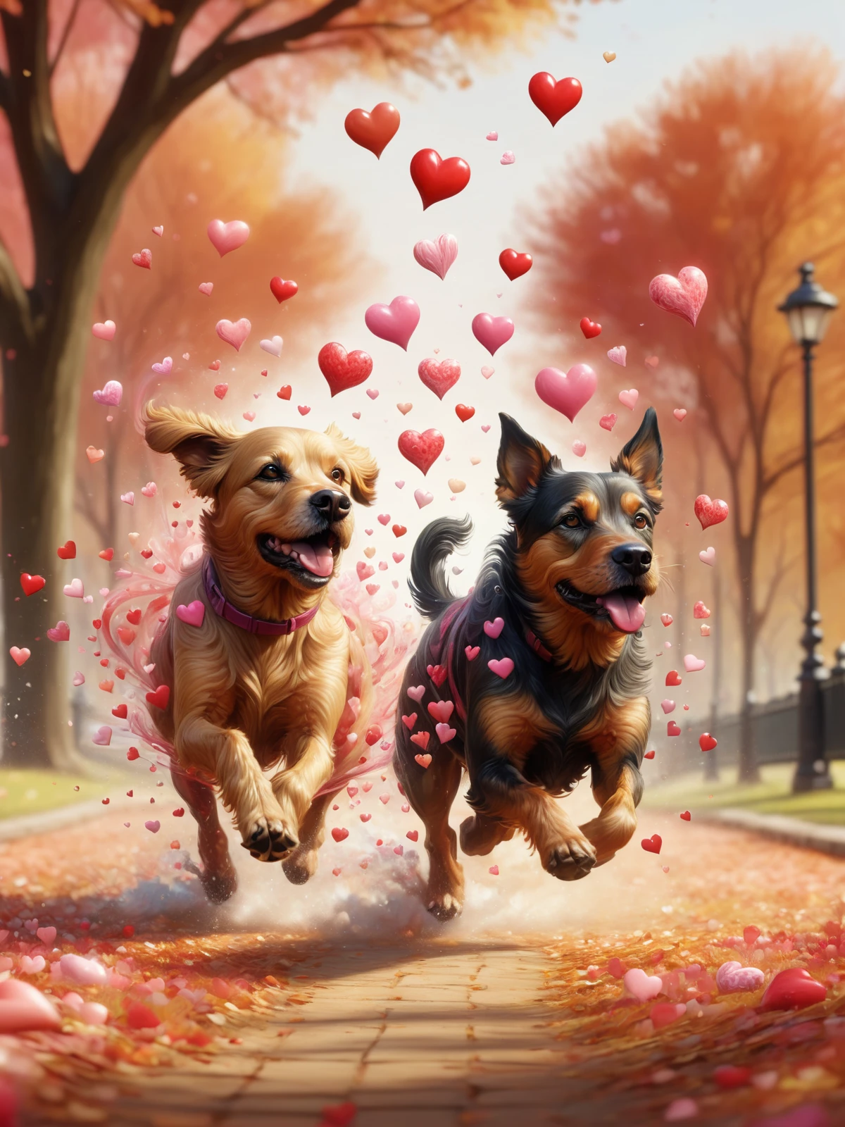 two dogs running through park, mad-love hearts swirling around <lora:Love_is_in_the_air_SDXL:0.8>, (masterpiece:1.2), best quality, (hyperdetailed, highest detailed:1.2), high resolution textures