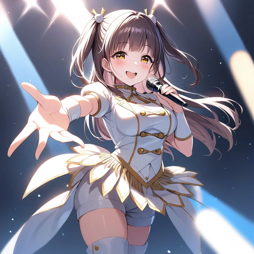 [high quality, best quality], 1girl, solo, suzumura yu, hair ornament, <lora:yu_xl-000021:0.72>, idol-outfit, thigh boots, singing, reaching out, smile, blush