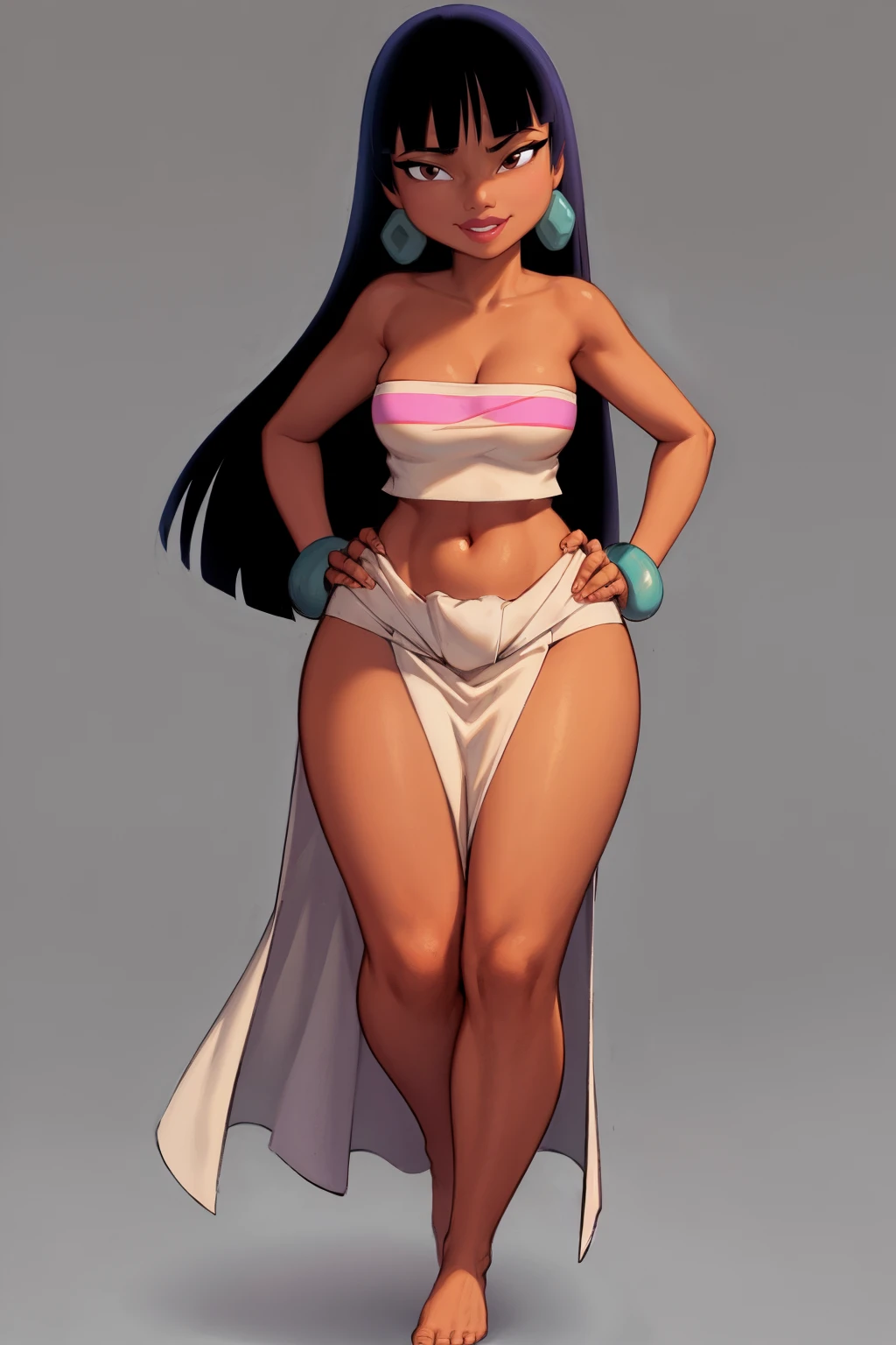 masterpiece, best quality,
1girl, chel, black hair, long hair, blunt bangs, brown eyes, dark skin, lipstick, tube top, cleavage, pelvic curtain, bare shoulders, bracelet, earrings, curvy, midriff, narrow waist, navel, thick thighs, wide hips, barefoot,
smile, full body, hands on hips, solo, looking at viewer, sketch, simple background <lora:Chel:1>